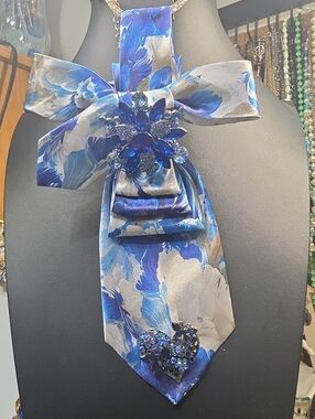 Blue Floral Necktie with Blue Crystal Brooch - Women Accessories